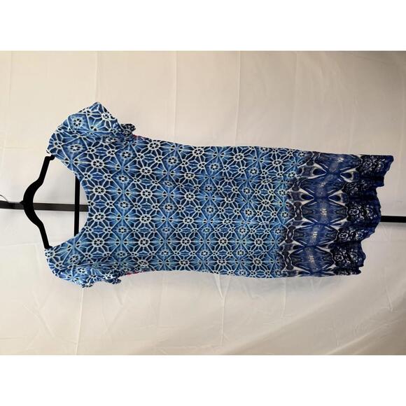 Women's Midi Dress with Blue and Pink Floral Pattern Large Tunic - Picture 6 of 6